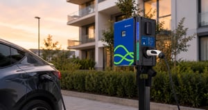 Elektrofahrzeuge laden an einer gemeinsam geplanten Ladeinfrastruktur in der Tiefgarage eines Mehrfamilienhauses.