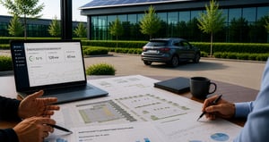 Moderner Arbeitsplatz mit Laptop, Wirtschaftlichkeitsunterlagen und Blick durch ein bodentiefes Fenster auf ein Elektroauto, das an einer Ladeinfrastruktur vor einem Gebäude lädt. Das Bild symbolisiert die langfristige Planung und Wirtschaftlichkeit von Ladeinfrastruktur im gewerblichen Umfeld.