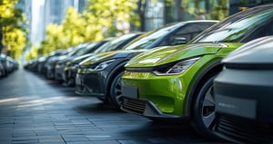 Mehrere Elektrofahrzeuge an professionell geplanter Ladeinfrastruktur auf dem Parkplatz eines Unternehmensstandorts.